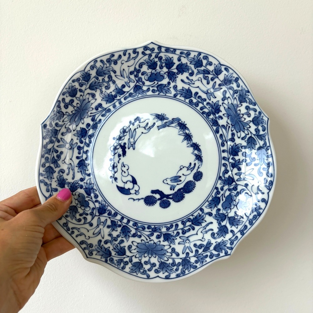 Andrea by Sadek Blue and White Japanese Porcelain Scalloped Rabbit Plate 9.25in